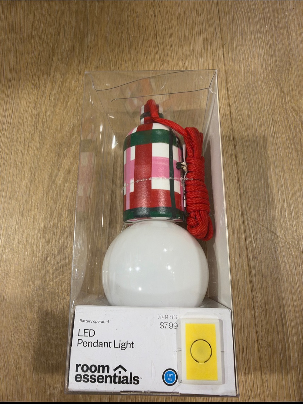 Room Essentials Red and Pink Plaid LED Pendant Light with Green Accents